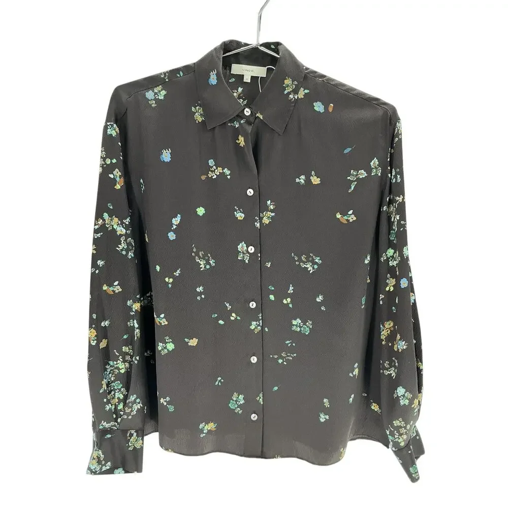 Vince Scattered Floral Black Silk Blouse Size XS - NWT - Picture 2 of 4